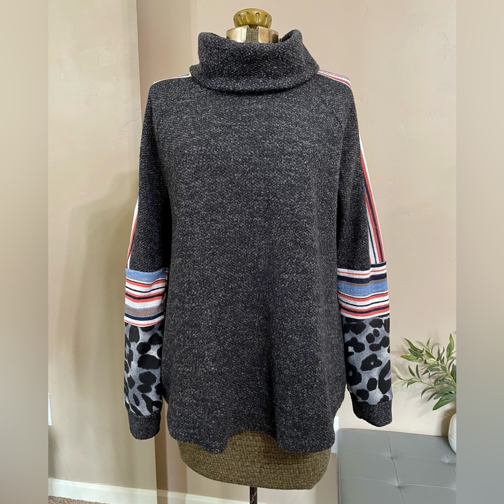 Anthropologie Ces Femmes Gray Knit Funnel Neck Sweater Striped Leopard Print